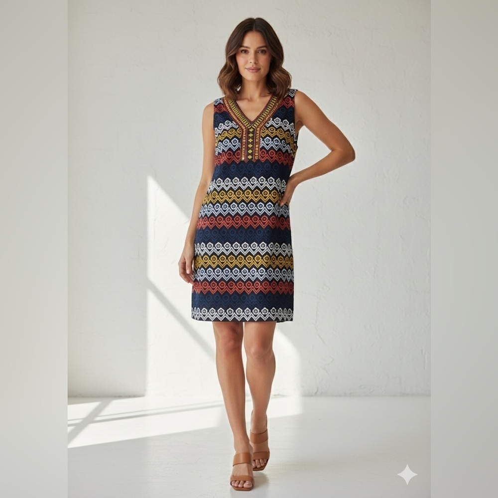 NWT Johnston & Murphy Navy Multi Embroidered Beaded Eyelet Shift Dress 10